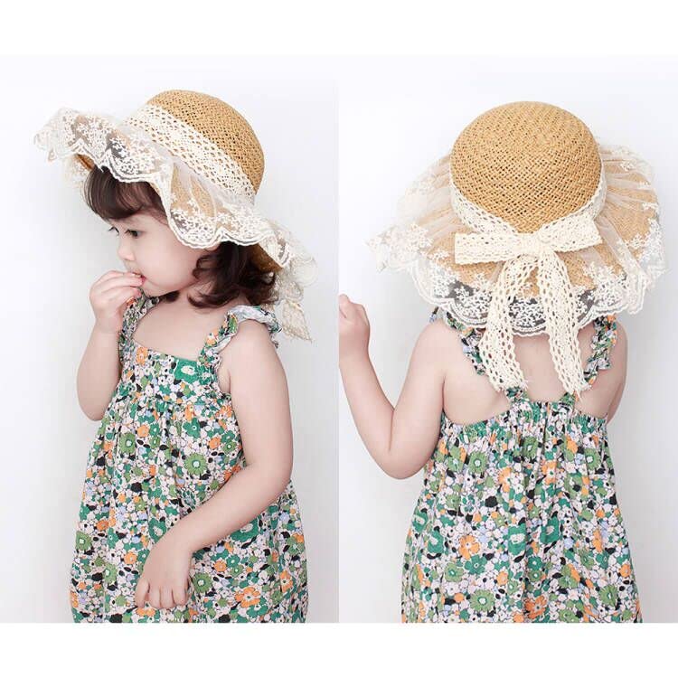 SNOWIE SOFT Girls Summer Straw Hat for Beach and Outdoor Wear featuring Adjustable Brim and Lace Bowknot 52cm