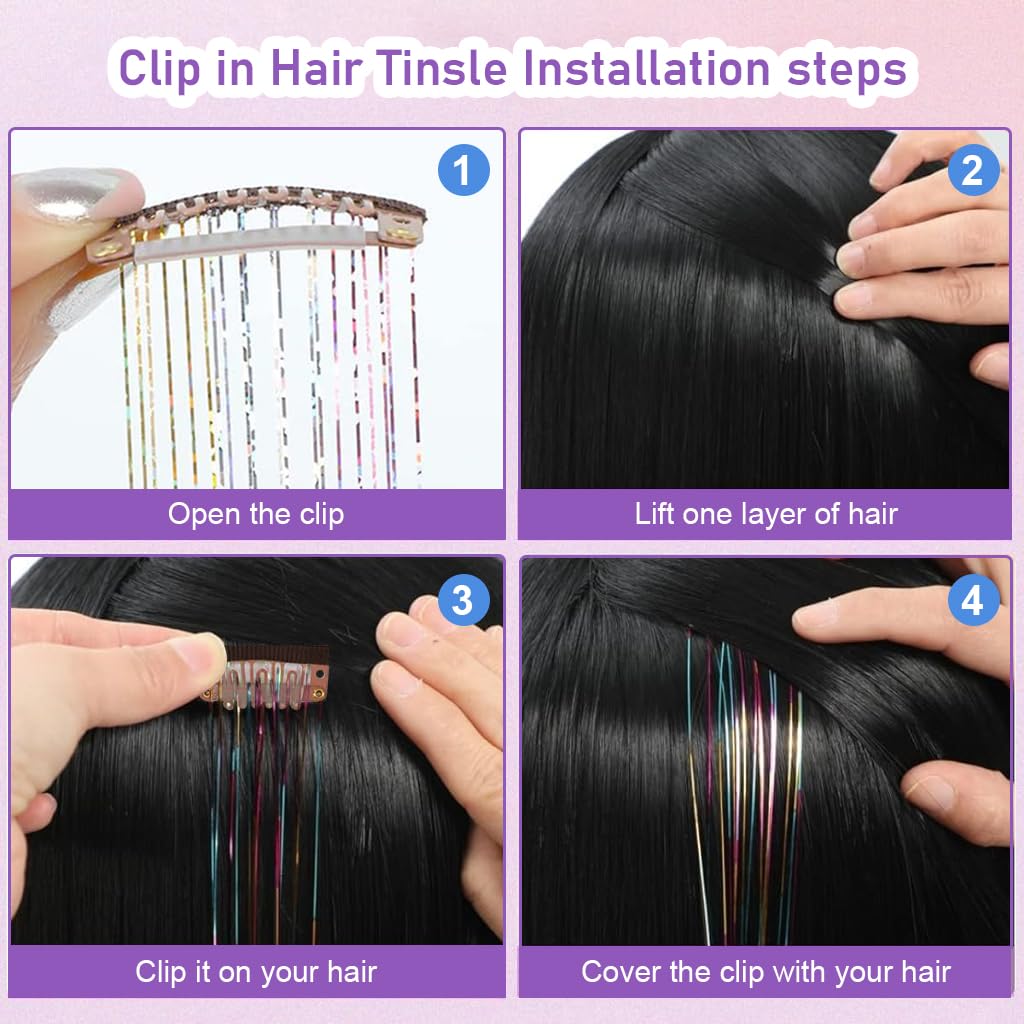 MAYCREATE® 6pcs Hair Tinsel Hair Extensions for Women Girls, Glitter 20'' Clip-in Fairy Hair Tinsels Highlight Sparkling Tinsel Clips for Party, Festival (Colorful)