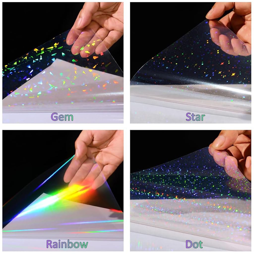 HASTHIP Vinyl Holographic Sticker for DIY Crafts with Self Adhesive Backing 20 Sheets 8.5x11 inch | 4 Styles Gem Dot Colorful Star Pattern
