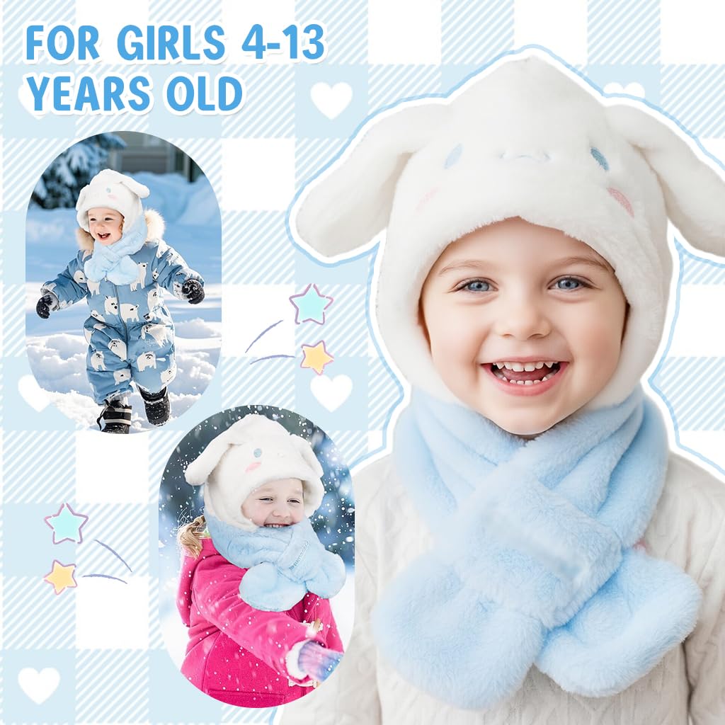PATPAT Kids Scarf Cap Set for Winter with 2 in 1 Wrap Around Design | Blue White Fleece for Girls 4–13
