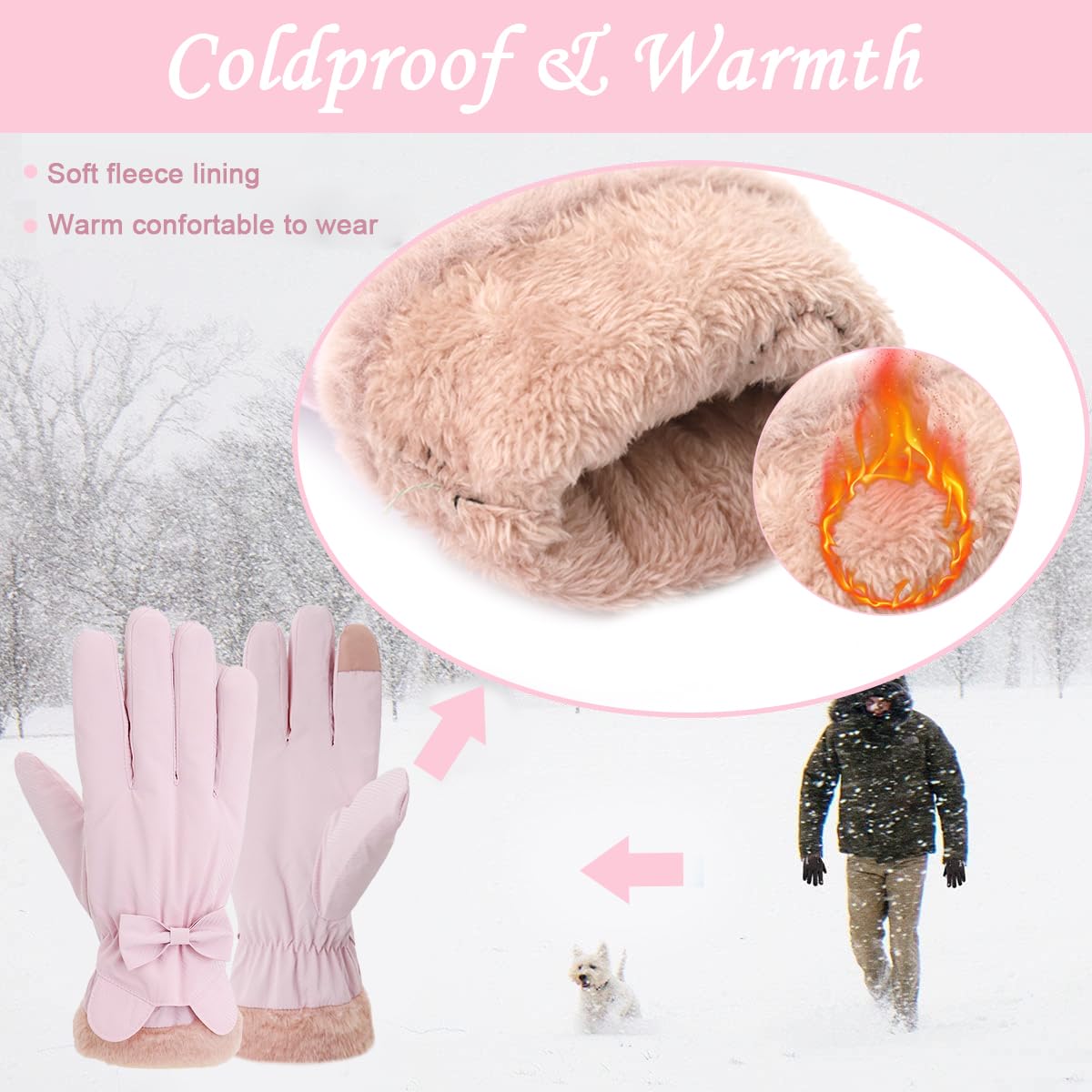 Venzina® Winter Warm Gloves for Women Cute Pink Bow Women Mittens Plush Lining Thermal Hand Gloves Anti-splash Coating Design with Touch Screen Finger Birthday Christmas Women Gift