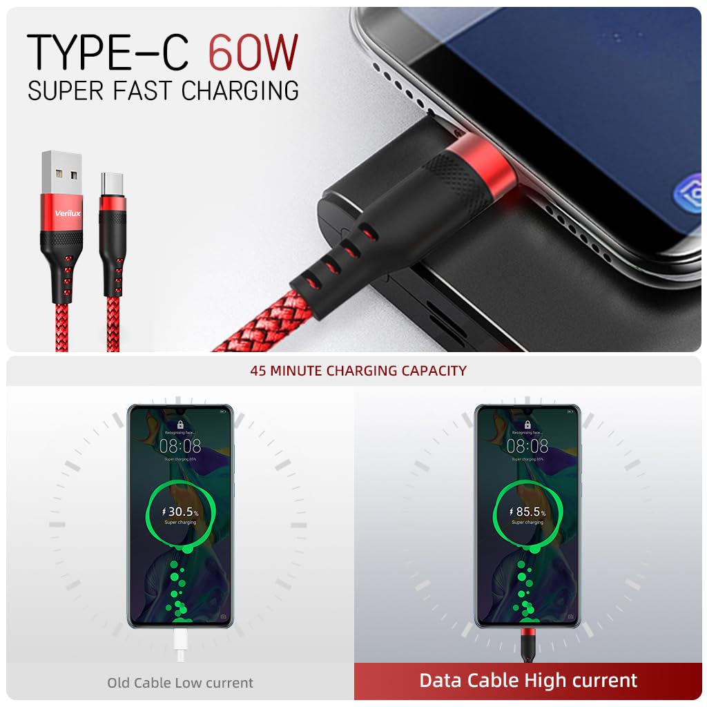 Verilux Type C Cable for Phone and PS5 featuring 8m 26ft Length with Nylon Braid | Red