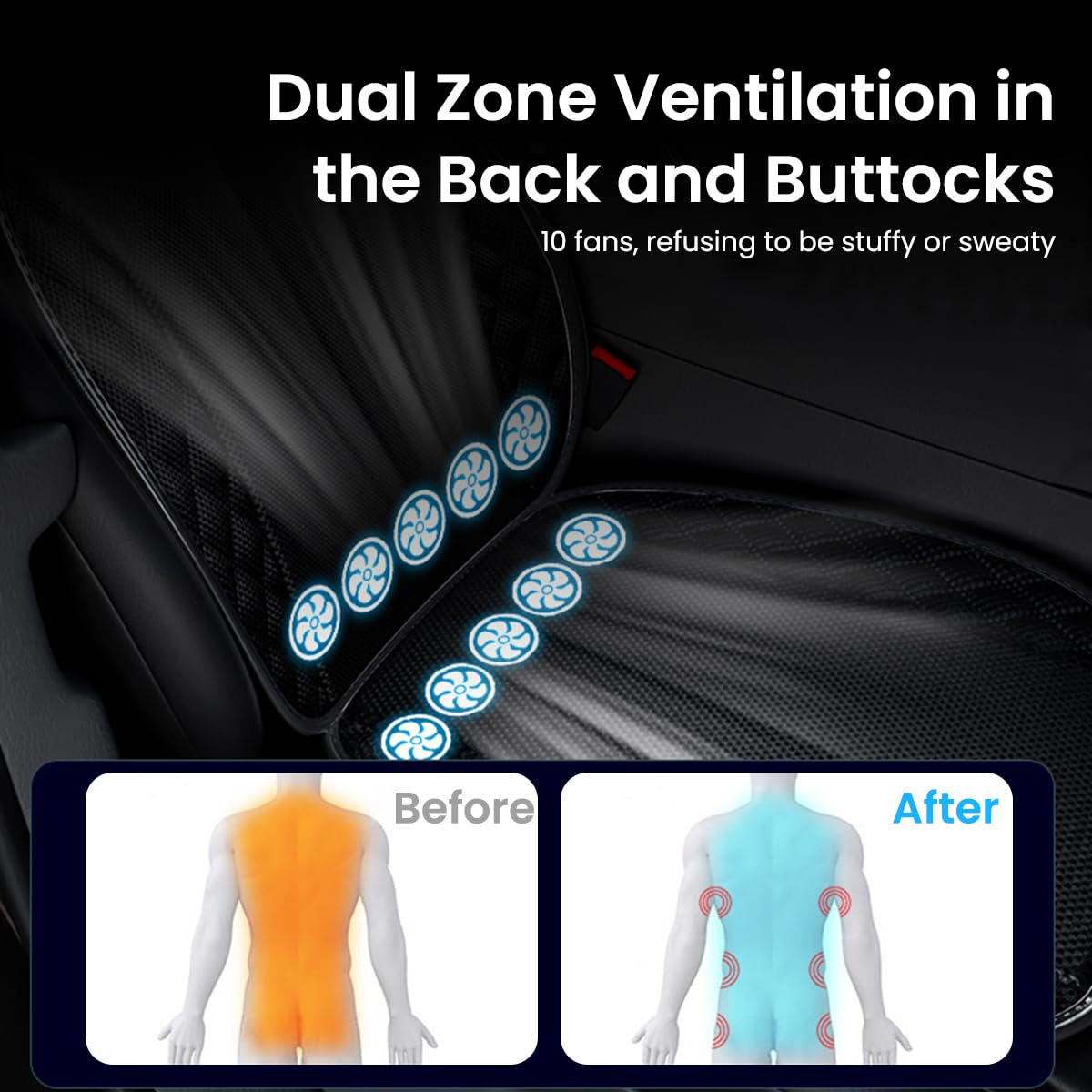 STHIRA USB Cooling Fan Car Seat Cover with 10 Integrated Fans and Back Support | 3 Speed Quiet Ventilated Cushion for Car