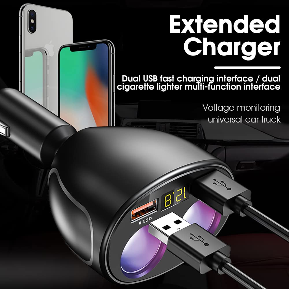 STHIRA 5-in-1 100W PD Car Charger with Dual 27.56-Inch Retractable Type-C Cables and LCD Display