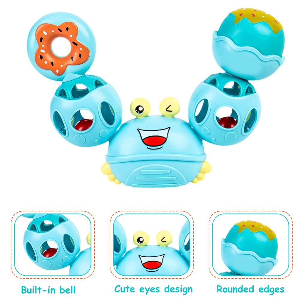 PATPAT® Rattles for Baby 0-6 Months Cartoon Crab Sensory Teething Toys for Babies 360 ° Rotation Rattle Toy BPA-Free Soothing Toy Toddler Activity Toys New Born Baby Toys Gifts for Boys Girls- Blue