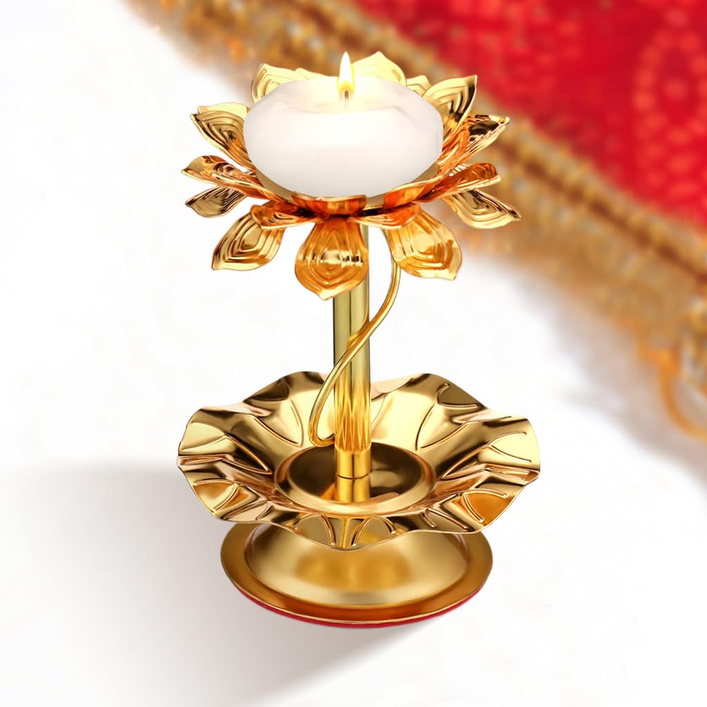 HASTHIP® Golden Lotus Candle Holder Tealight Candle Holder 4.3 inches Height Metal Lotus Candle Holder Buddhism Lotus Tealight Candle Holder Ritual Use Altar Decorative Lotus Tealight Candle Holder