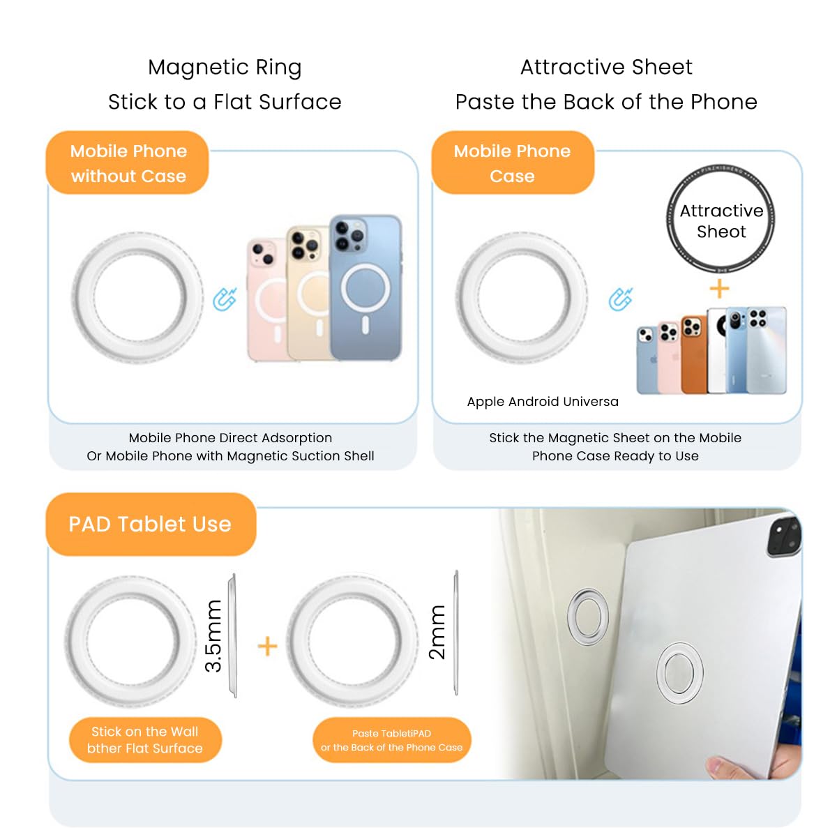 ZORBES® Magnet Ring Holder for iPhone Self-Adhesive Wall Magnet Ring Patch for Phone Strong Magnet Ring Patch for Car, Wall Phone Holder, White