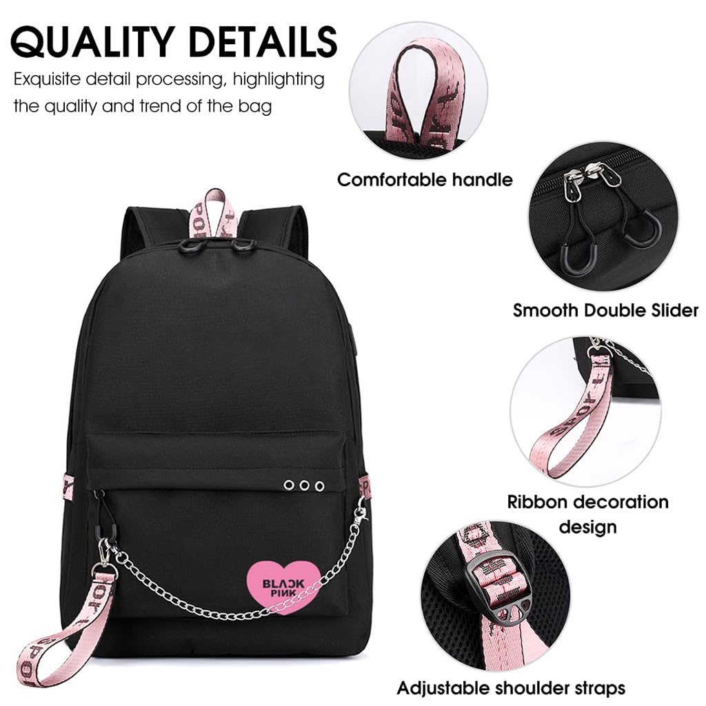 PALAY® School Bags for Girls Blackpink KPOP Theme Prints School Backpack With USB Charging and Headset Port Backpack for Student School Bag for Girls Large Capacity for Boy gift