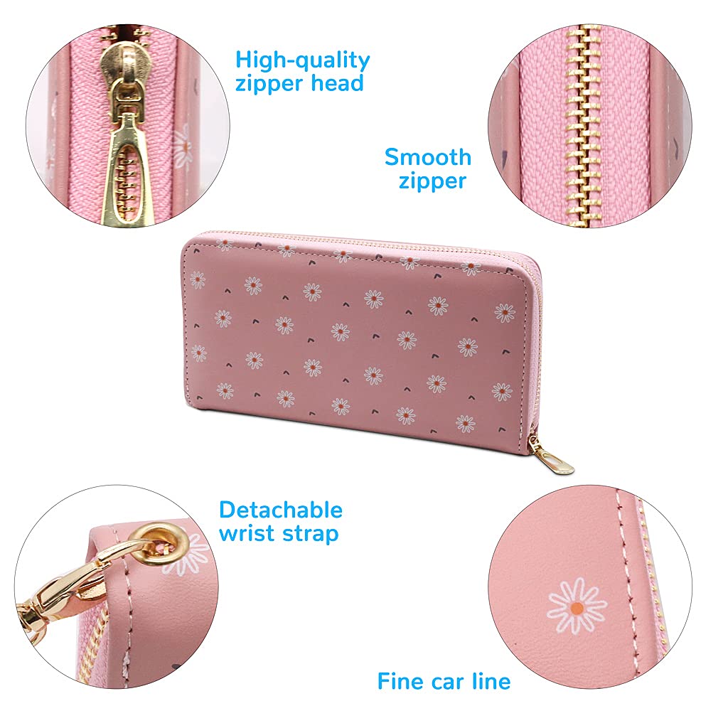GUSTAVE Pink PU Leather Long Wallet for Women with 8 Card Slots and Zipper Pocket | 19.5x10x2.5cm