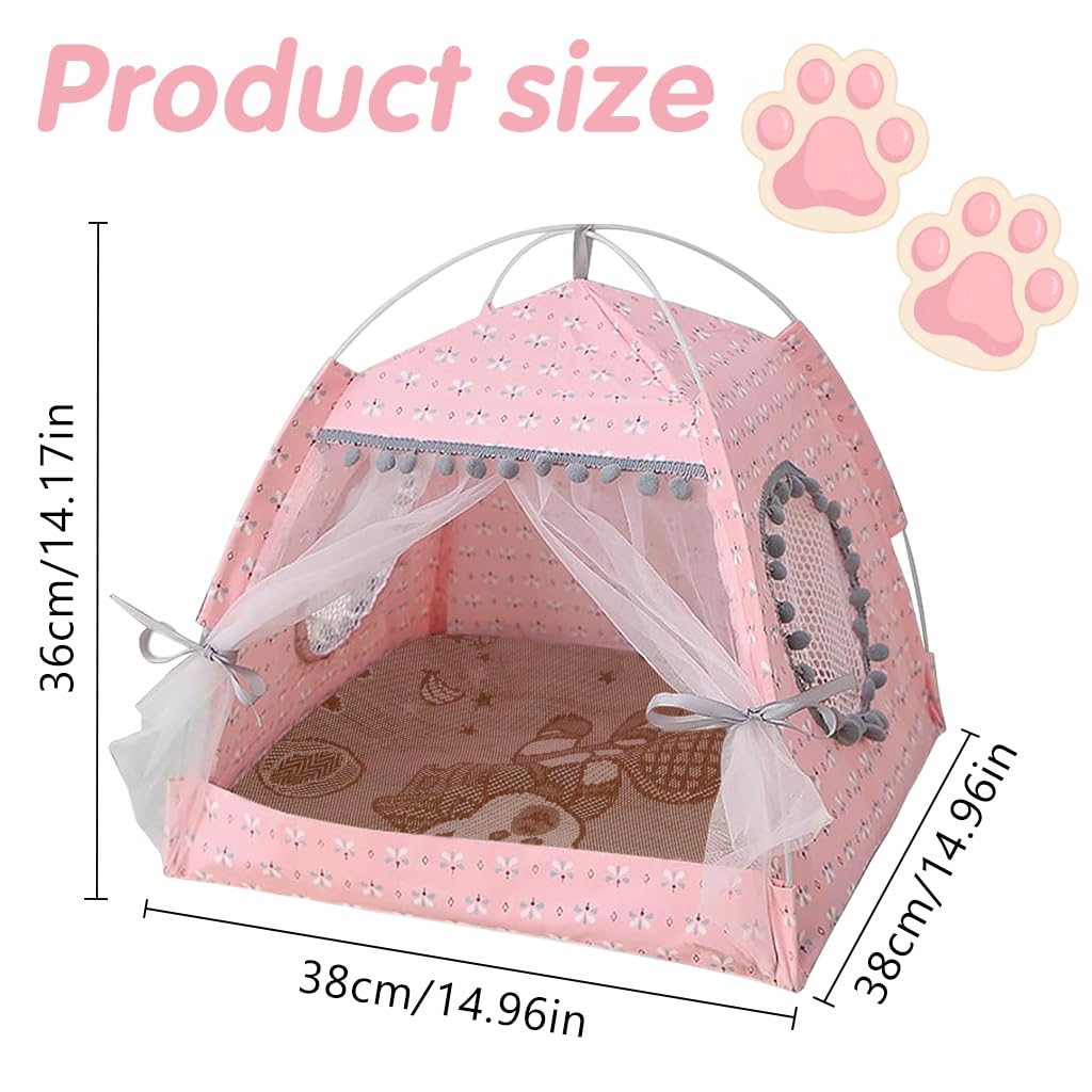 Qpets® Pet Princess Tent House, Lace Cat Bed Tent Dog House Print Cat House with Breathable Matress, Easy Assembly Folding Cat Princess Tent House for Small Medium Dogs Cats