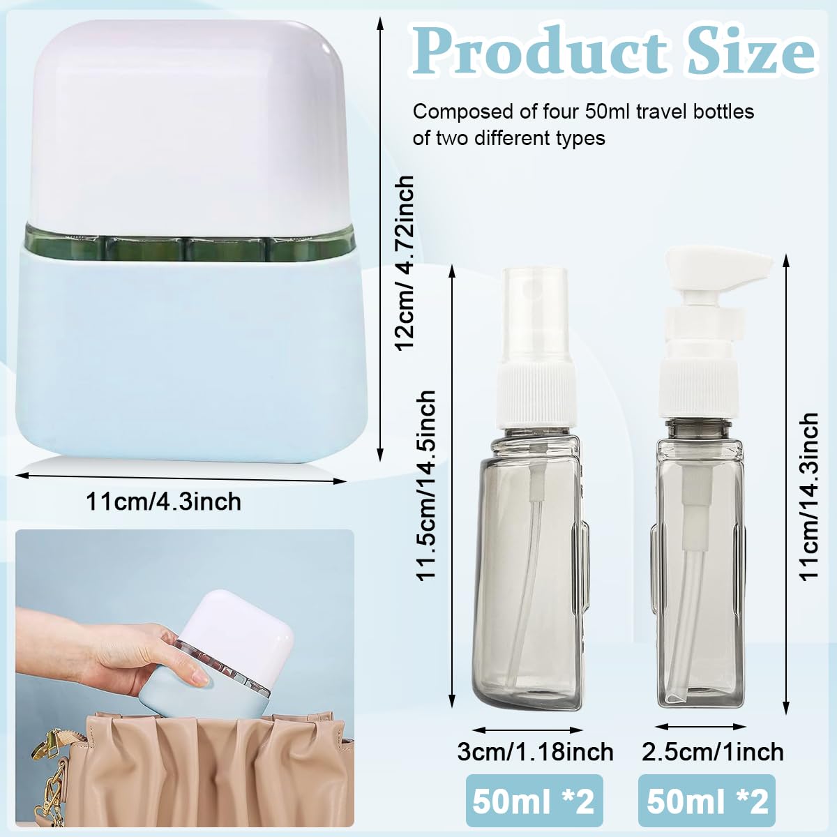 MAYCREATE Travel Bottles 4pcs 50ml Set for Toiletries with Leak Proof Lid and Storage Case | Blue Refillable PP Containers