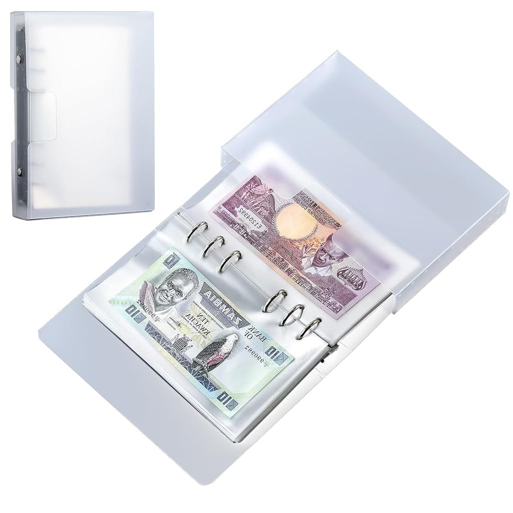Climberty Currency Collection Album with 100 Transparent Pockets and 6 Ring Binder | Budget Binder with Dustproof Case 7×4 in