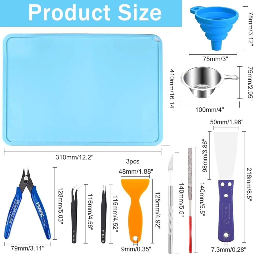 Serplex® 3D Printer Tool Kit Clean Basic Tools with Plier, File, Tweezer, Trimmer Pen, Resin Filter, Scraper, Plastic Remove Tool, Silicone Mat for SLA DLP LCD 3D Printer Accessories