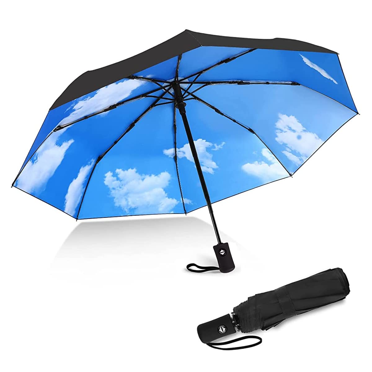 PALAY® Automatic Folding Travel Umbrella Windproof Strong 8 Ribs UV Protection Black Compact Umbrella for Women, Lightweight 3-fold Umbrella with Polyester Coating for Travel (Sky)