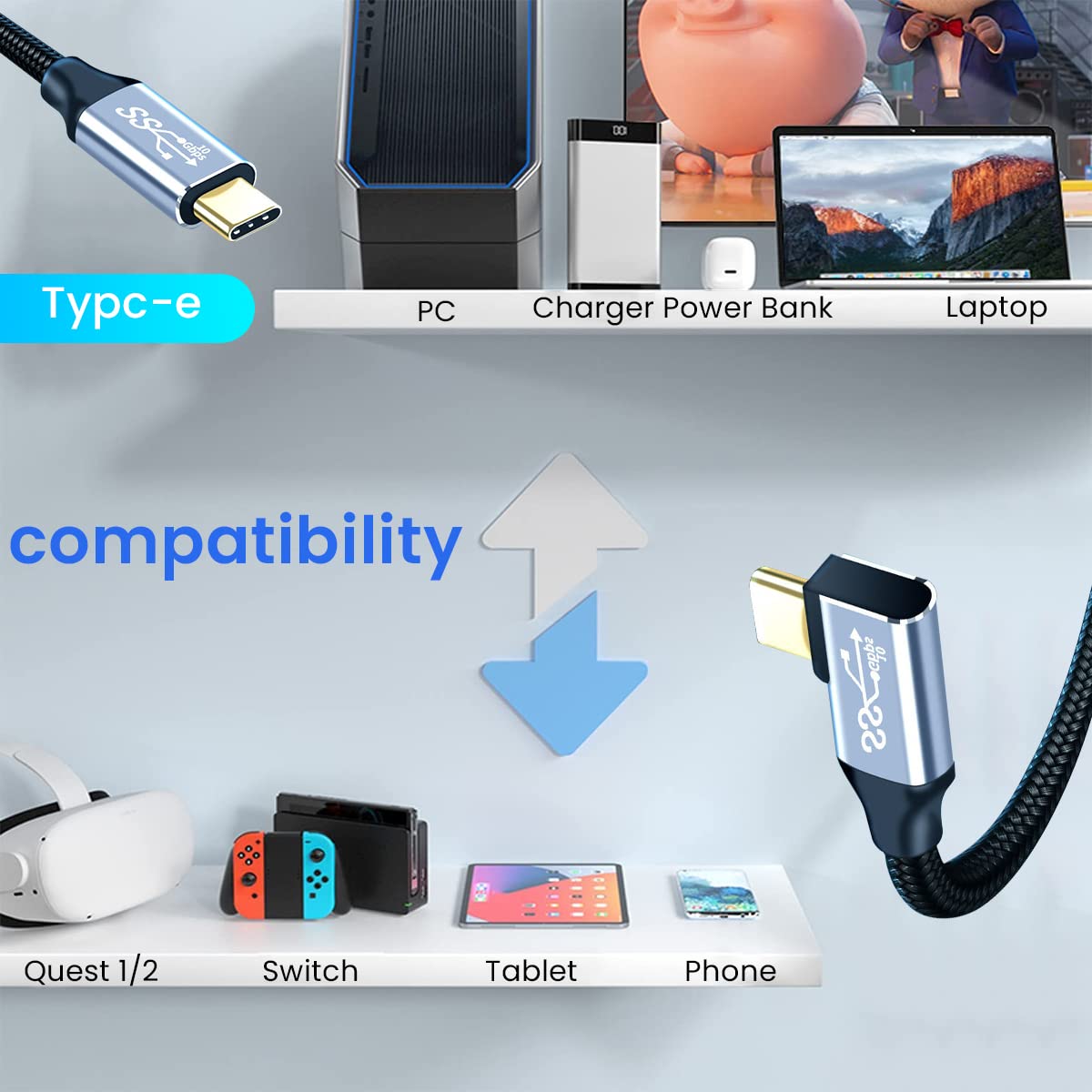 Zeitel Type C to Type C Cable for 100W PD Fast Charging 10ft with L Shape Plug | 10Gbps Data and 4K Video Output