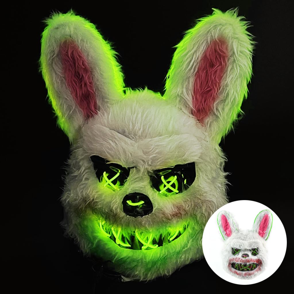 PATPAT® Halloween Led Mask Scary Rabbit Mask, Light Up Halloween Creepy Bunny Mask, Luminous Scream Mask Plush Cosplay Mask Prank Horror Mask for Kids Adult, Furry Cool Led Mask Costumes Accessories