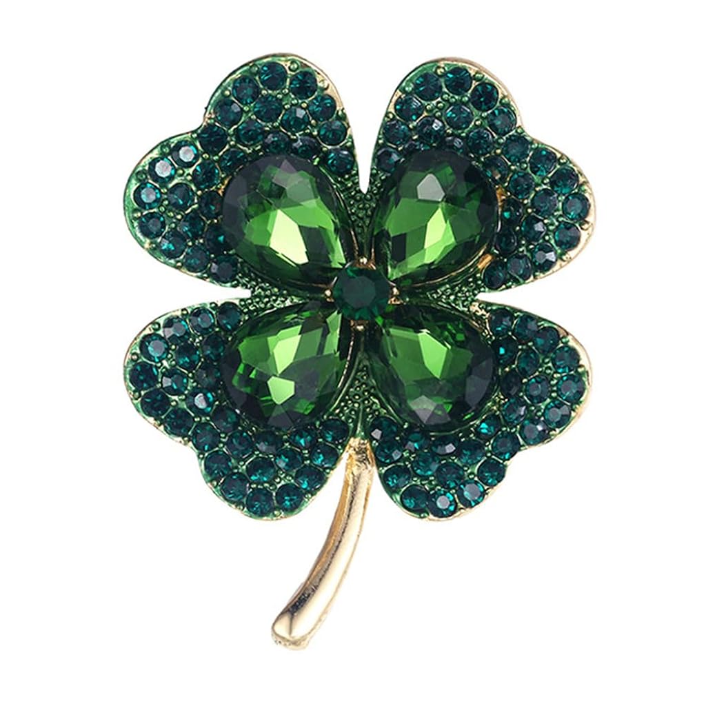 SANNIDHI® Four Leaf Clover Brooch Pin 3.15 inches Green Rhinestone Embellishment Four Leaf Clover Brooch Pin Anti-exposure Pin Jewelry Gift for Women Chic Metal Brooch Pin
