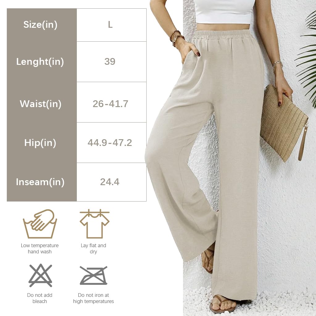 SANNIDHI Women High Waisted Wide Leg Pants for Summer with Elastic Waist and Flowing Tuck Design | Elegant Beige Palazzo Trousers