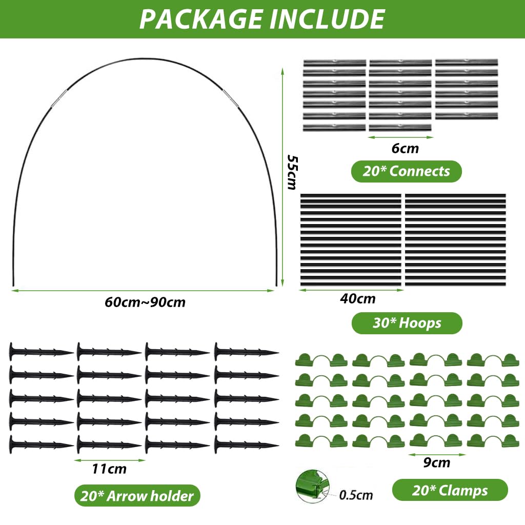 HASTHIP® 30Pcs Greenhouse Hoops Kits for Greenhouse, Vegetable Land with Assemble Kit, Reusable Rust Free Grow Tunnel Hoops Frame for for Vegatable Land, Garden, Planting Land