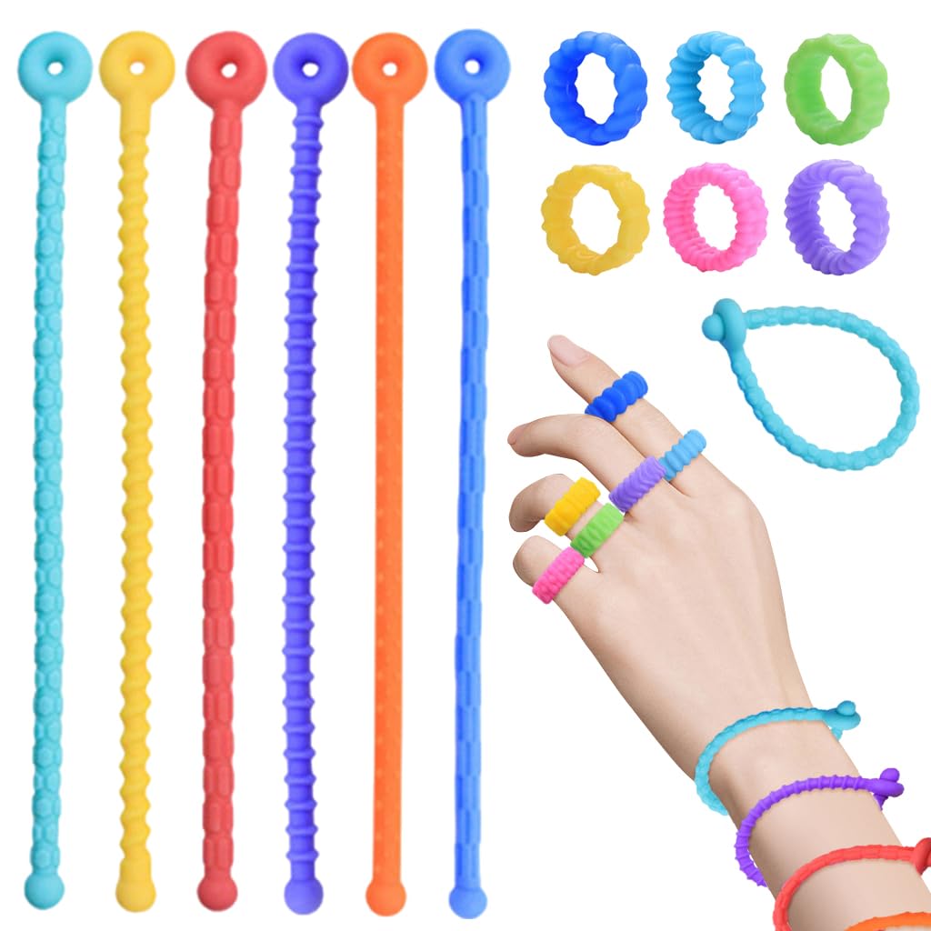 PATPAT Silicone Sensory Bracelets and Rings for Kids with Textured Surfaces | 12 Pcs Safe Fidget Toys