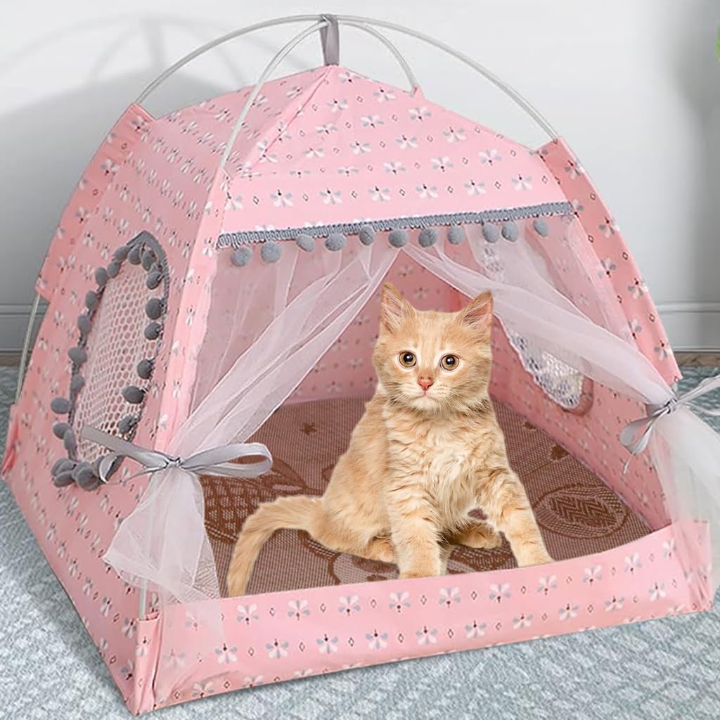 Qpets® Pet Princess Tent House, Lace Cat Bed Tent Dog House Print Cat House with Breathable Matress, Easy Assembly Folding Cat Princess Tent House for Small Medium Dogs Cats