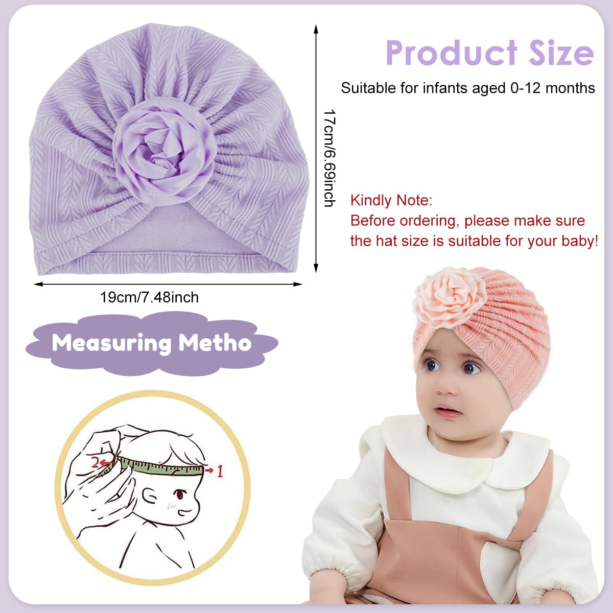 SNOWIE SOFT Baby Caps for Girls 0–24 Months with Flower Charm | 3Pcs Soft Knitted Beanie Set