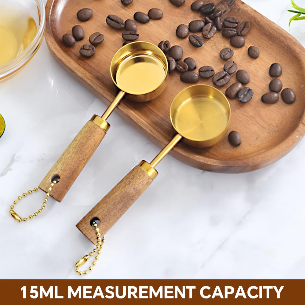 Supvox Spoon Set for Kitchen featuring 15ml Measuring Capacity with Wooden Handle | Stainless Steel Scoops