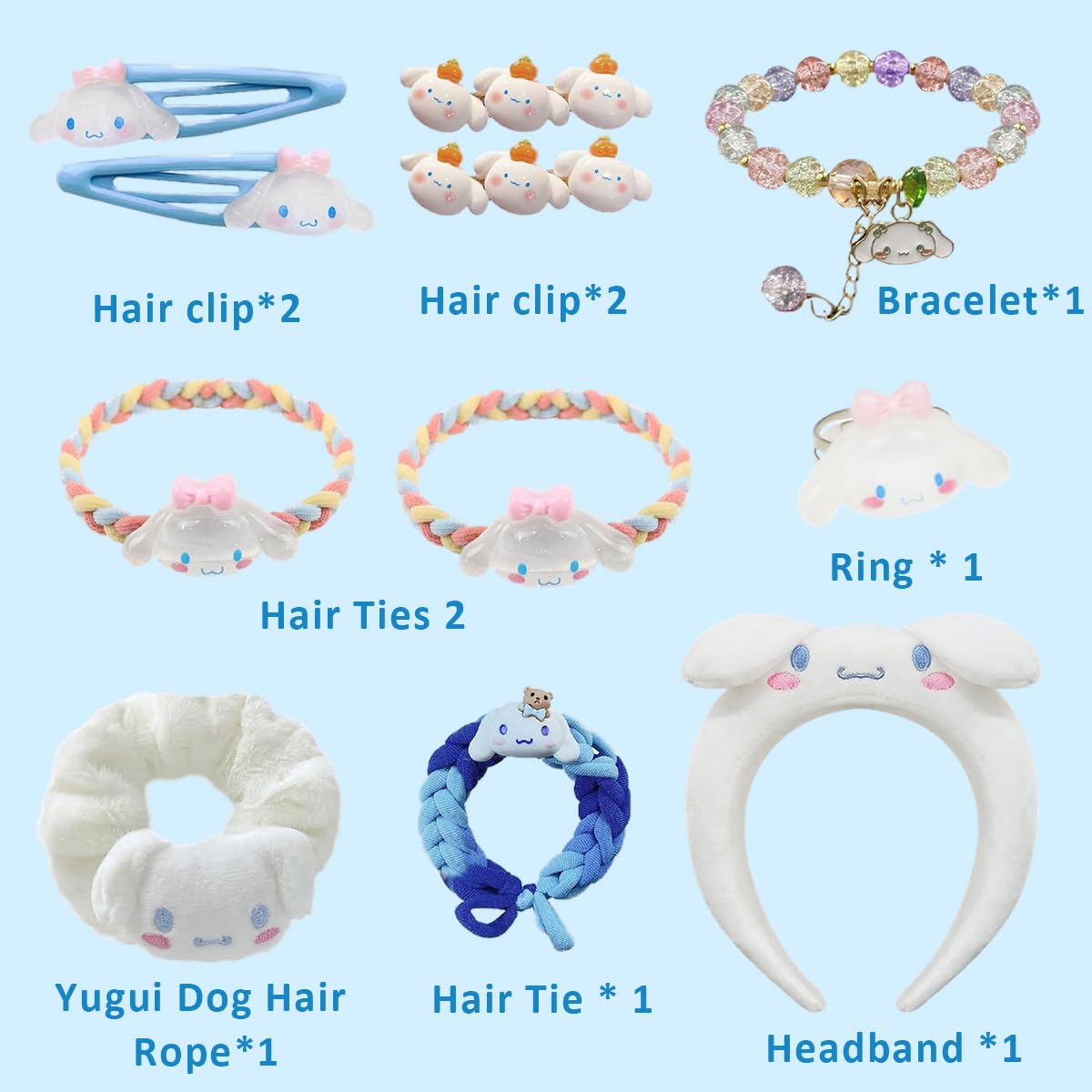 PATPAT® Girls Cinnamoroll Accessories Set Fashion Cinnamoroll Wardrobe Accessories Gift Set of 10Pcs Cinnamoroll Girls Headband Woven Rope Hair Tie Hair Clips Plush Hair Scrunchie Finger Rings