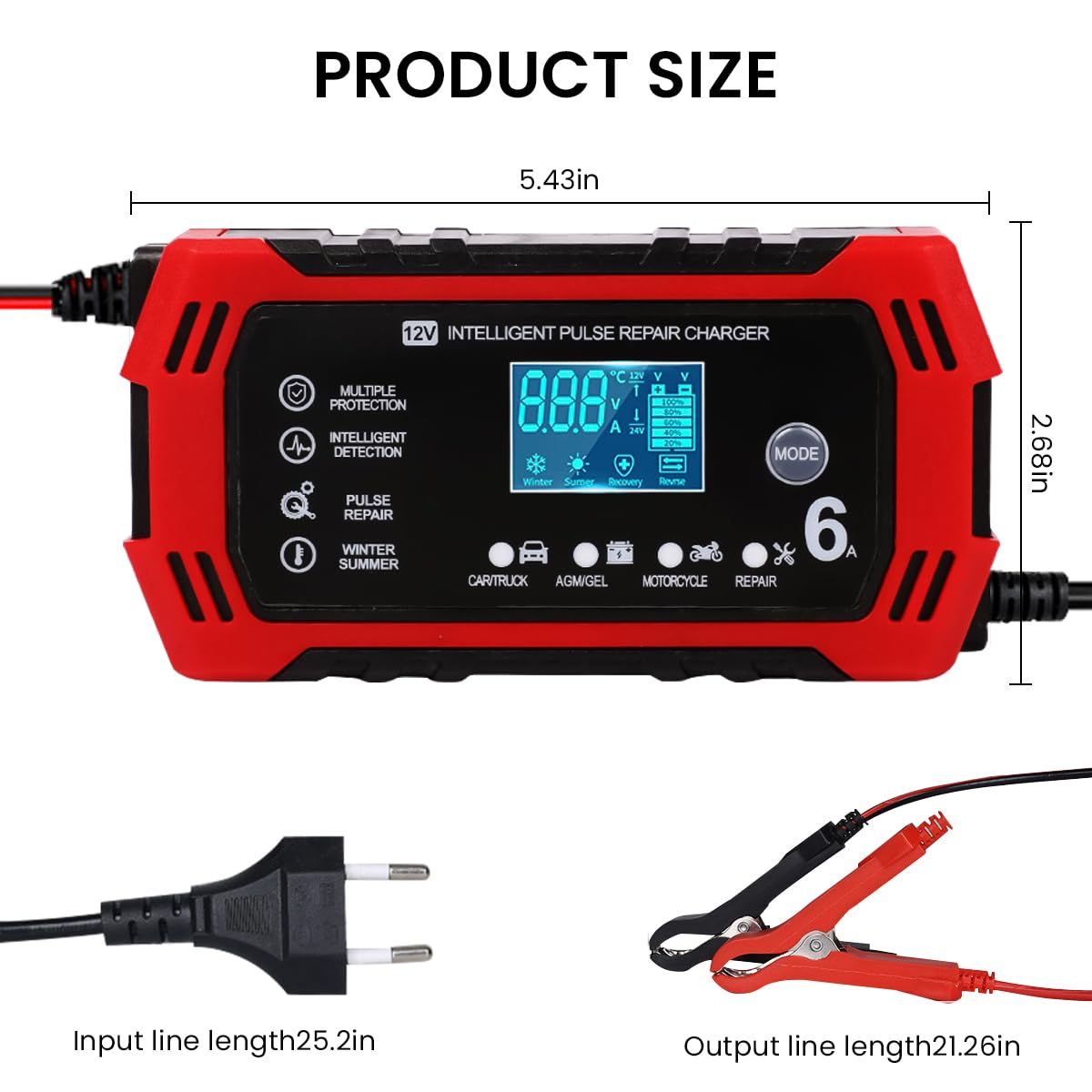 STHIRA Car Battery Charger 12V 6A with LCD Display and Pulse Maintenance | Safe for Car Motorcycle Boat