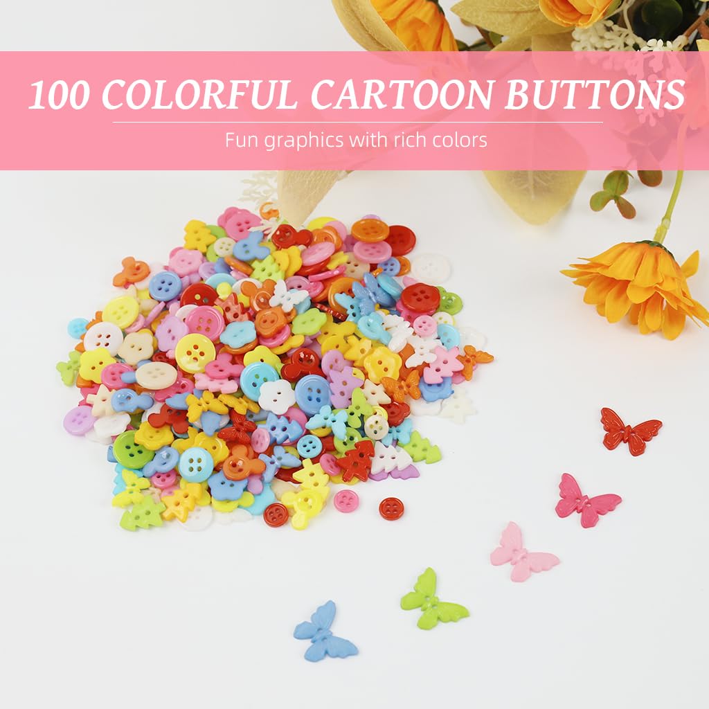 HASTHIP® 300Pcs Sewing Buttons for Clothes Resin Round Buttons for Crafts DIY Supplies,  Candy Color Kids Clothing Buttons, Assorted Shapes Creative Flatback Button for Craft Decoration, Painting