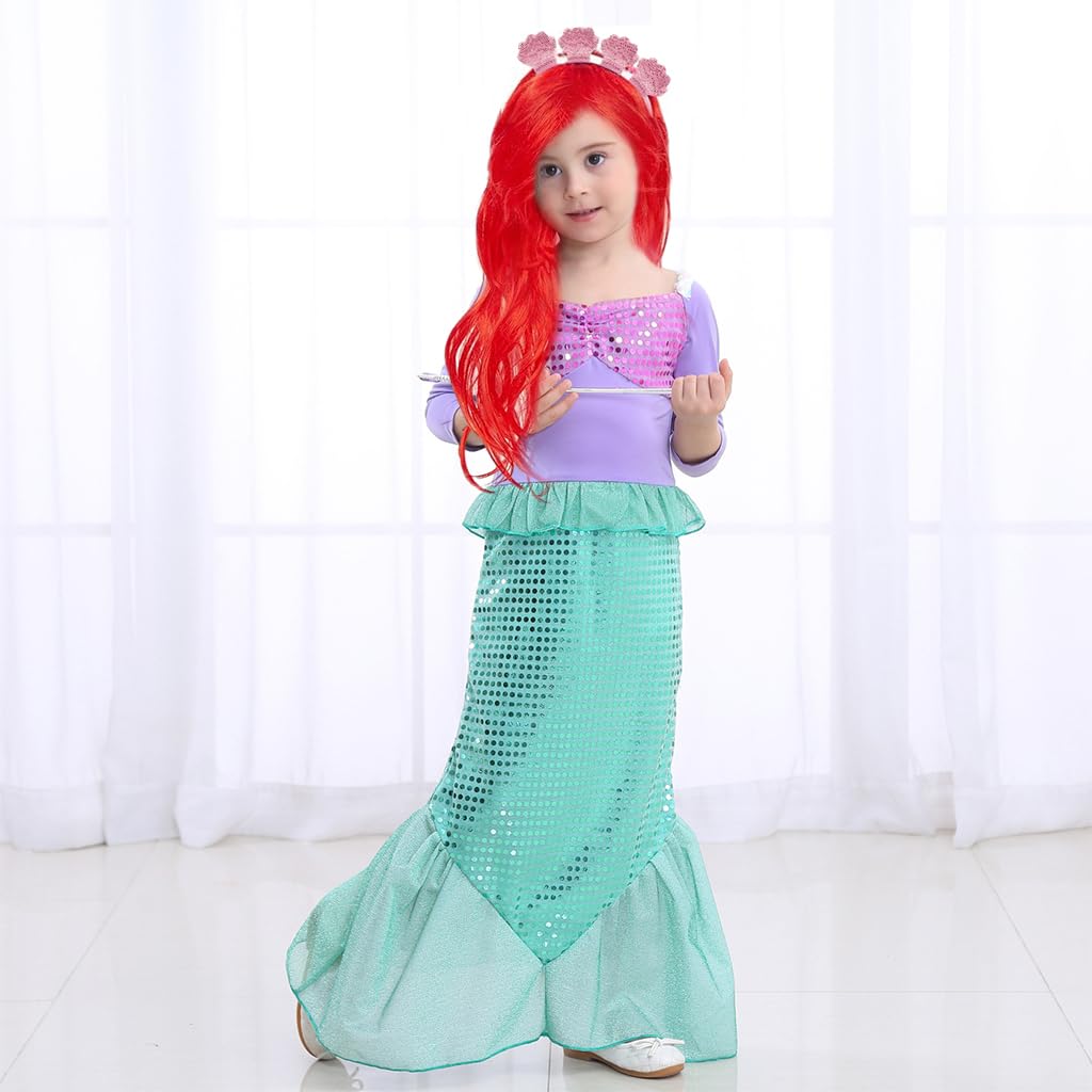 Venzina® Mermaid Princess Costume for Girls Cosplay Suit with Wig and Headband Kids Role Play Dress Up Costume Halloween Party Birthday Costume for Girls 4-5 Years Old