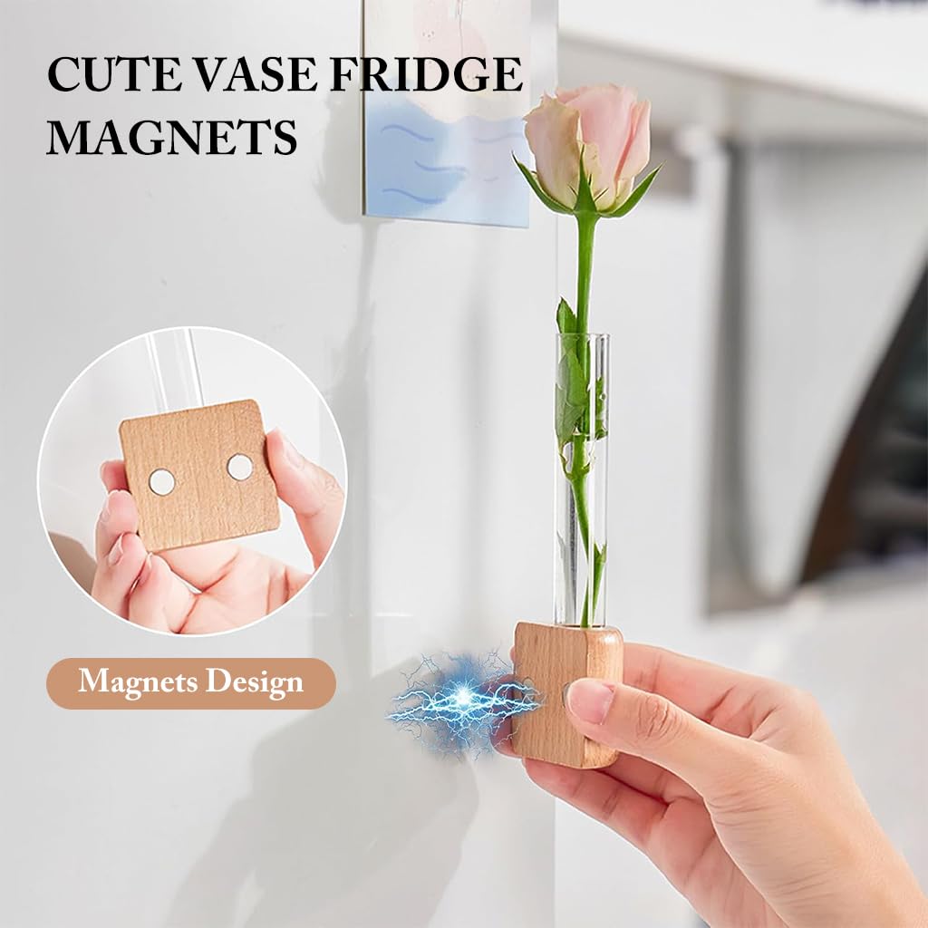 HASTHIP Fridge Magnet Hydroponics Tube for Home Decor with Magnetic Wooden Holder | Fresh Green Style