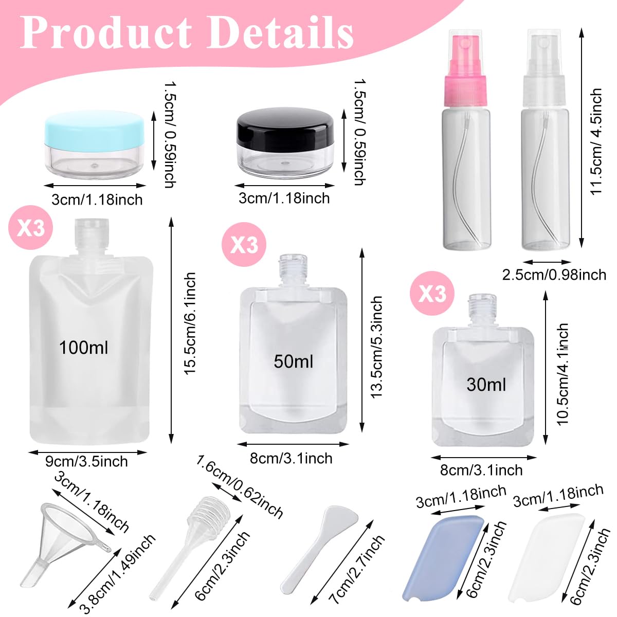 MAYCREATE® Travel Pouch for Toiletries Empty Travel Toiletries Bottle Set of 18Pcs 30/50/100ml Stand Up Pouches Cream Jar Travel Accessories Portable Bottle for Travelling Kit for Shampoo Lotion Soap