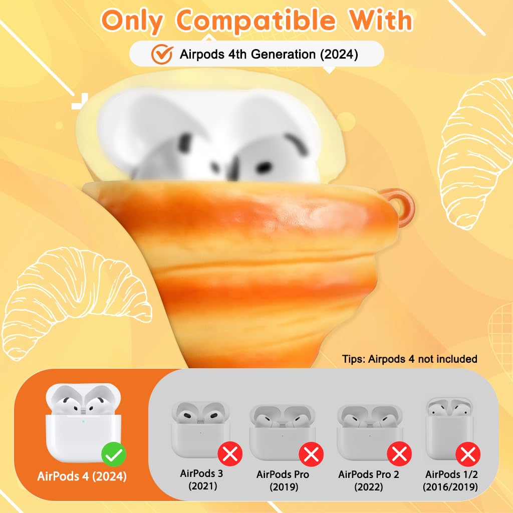 ZORBES Airpod 4 Case Cover with Cartoon Croissant Design and Clasp Bag Charm | PVC Protective Shell