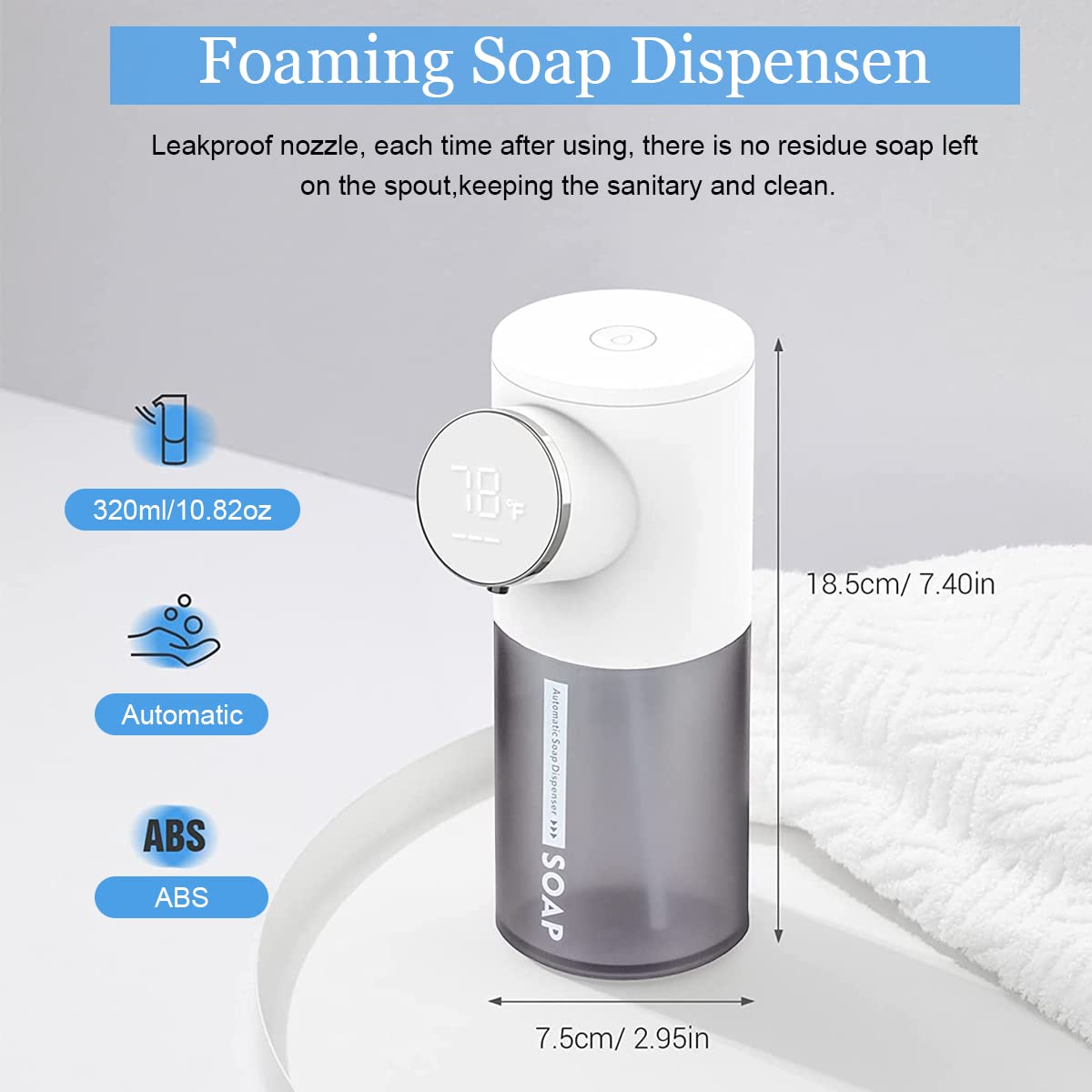 HASTHIP Soap Dispenser for Bathroom 1500mAh Automatic Touchless Soap Dispenser 320ml Liquid Soap Dispenser for Kitchen Sink LCD Temperature & Battery Display Sanitizer Gel Foaming Handwash Dispenser