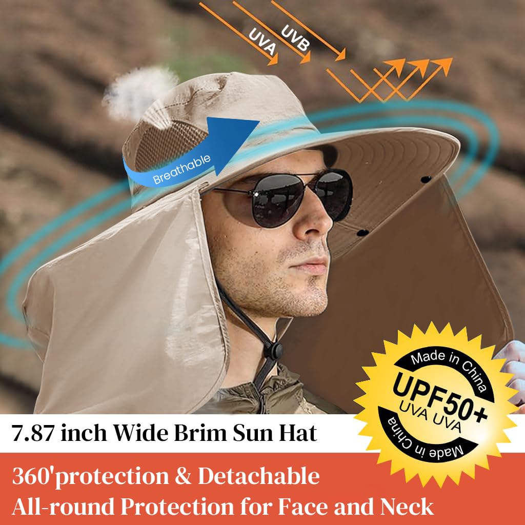 GUSTAVE® Wide Brim Bucket Hat 360 Degree UV-Protection Sun Hat with Neck Flap & Removable Face Cover Outdoor Unisex Sun Hat with Chin Strap, Breathable Sun Hat for Hiking, Fishing, Gardening, Beige