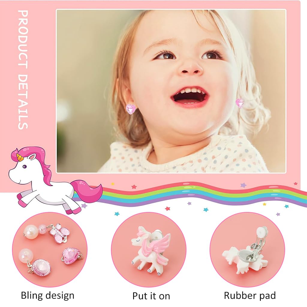 SANNIDHI 6 Pairs Earrings for Girls Stylish Unicorn Princess Clip On Earrings for Non Pierced Ears Dress Up Pretend Play Rhinestone Pearl Earrings Set Cute Kids Earrings for Girls Jewellery Gift