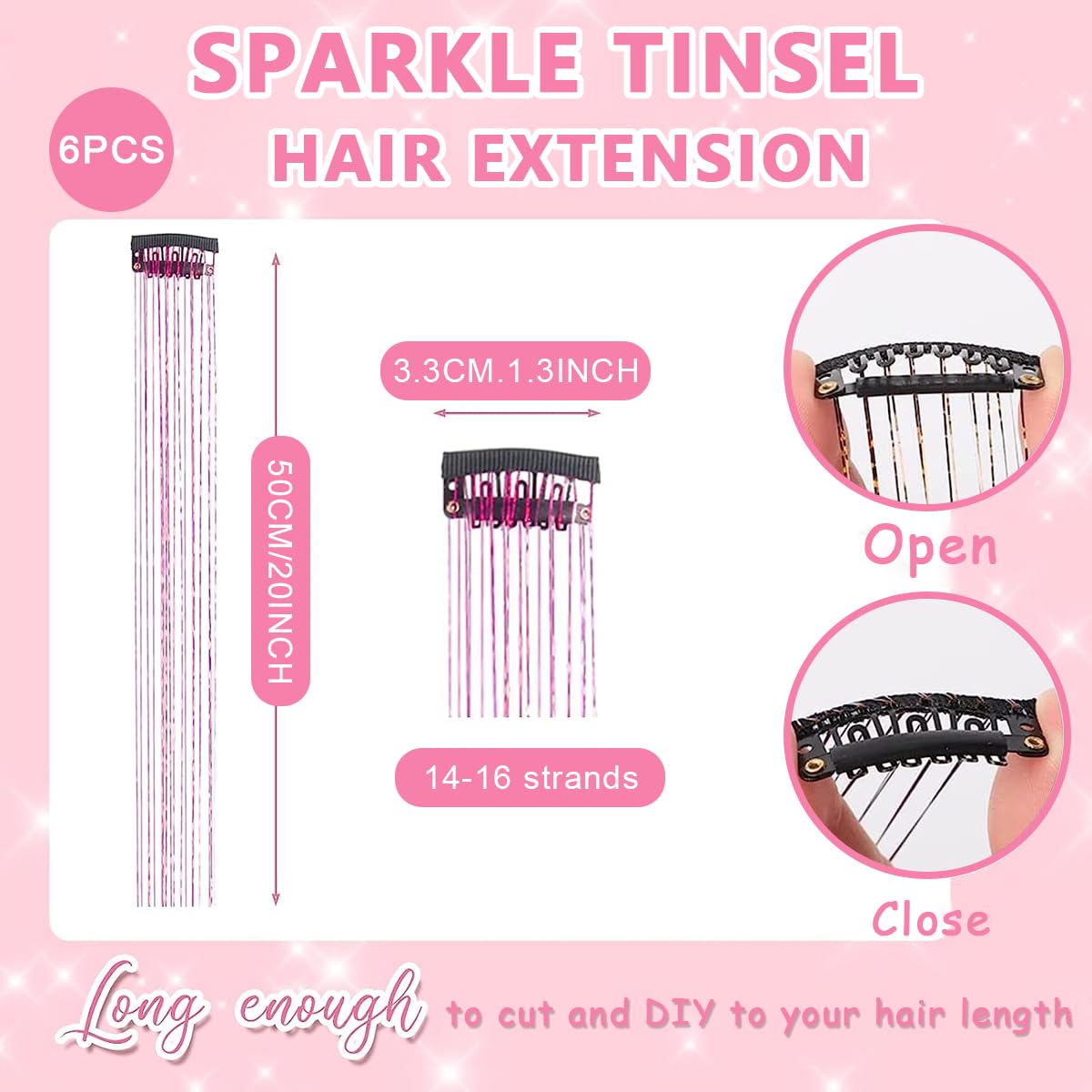 MAYCREATE® 6pcs Hair Tinsel Clip-in Glitter Hair Extensions for Women, 20.5in Pink Shiny Tinsel Strands, Heat Resistant Fairy Sparkle Hair Accessories for Girls Kids Festival Cosplay Party Gift