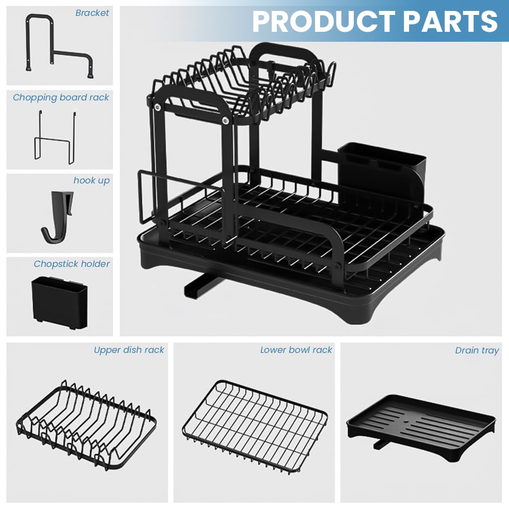 HASTHIP Kitchen Utensil Drying Rack with Double Layer Storage and Drain Pipe | 42x30x32cm Metal Organizer