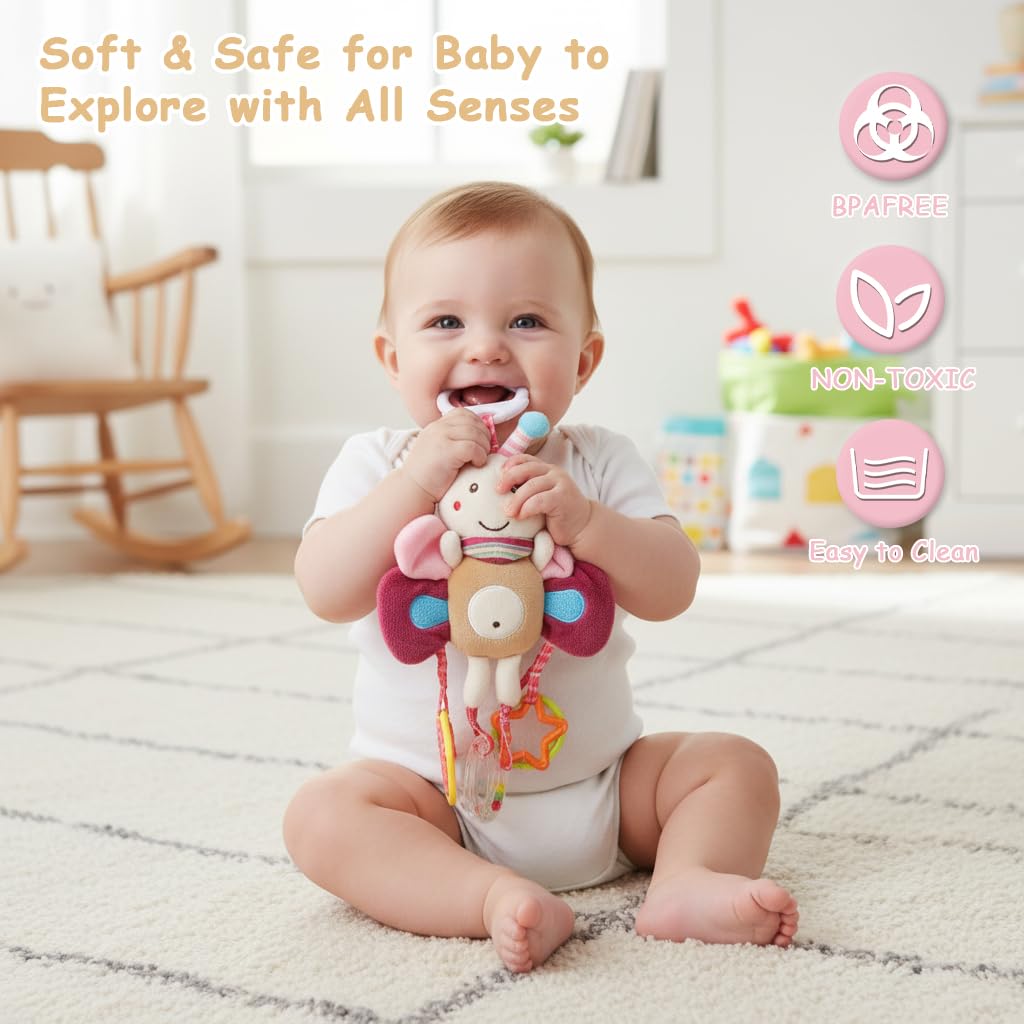 SNOWIE SOFT Baby Hanging Plush Crib Toy with Mirror and Rattles for Infant Sensory Play