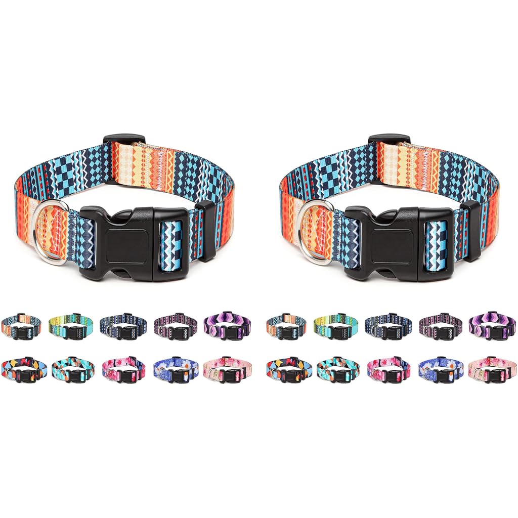 Qpets Dog Collar with Patterns Adjustable 33–55cm featuring Stainless Steel & Nylon | 2PCS Set for Small Medium Large Dogs