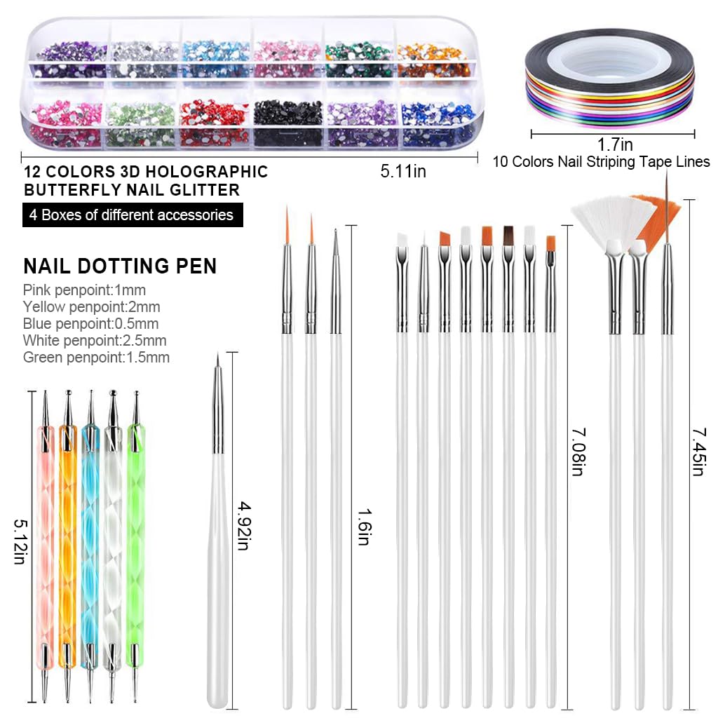 MAYCREATE® Nail Art Supplies Tool Kit with 20Pcs Nail Art Fine Detail Brushes 10-Color Striping Tapes Pack of 100Pcs Fake Nail Extensions Metallic Foils Glitters Dotting Tools DIY Nail Art Supplies