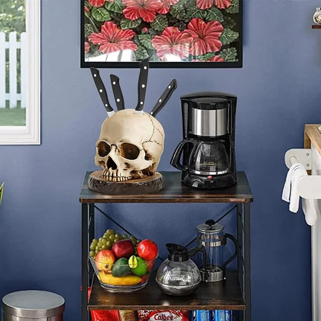 Supvox Skull Shaped Blades Holder for Kitchen and Halloween Decor with 7 Slots | Wooden Base