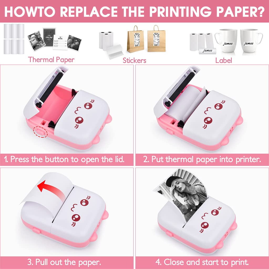 ZORBES Mini Printer, Small Pocket Printer Black and White Printing Bluetooth Thermal Printer Compatible with iOS, Android, Portable Printer with 6 Rolls Printing Paper for Notes, Memos, DIY - Pink