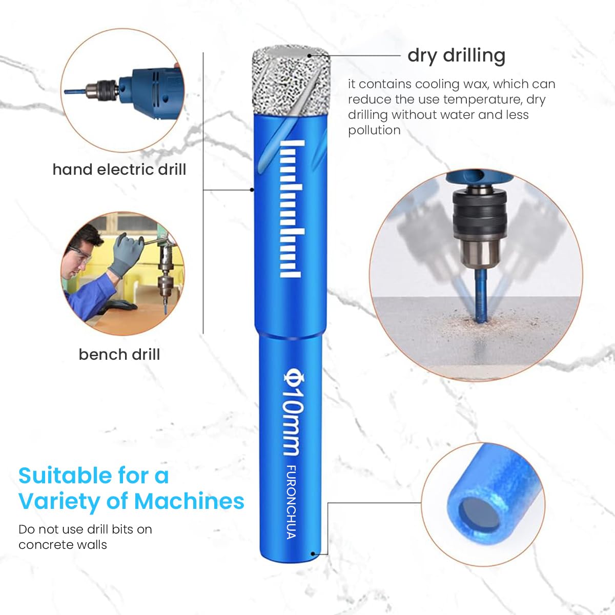 Serplex Dry Diamond Core Drill Bits Set for Tile and Porcelain featuring 6 pcs 3/16–1/2 in sizes | vacuum brazed round shank design