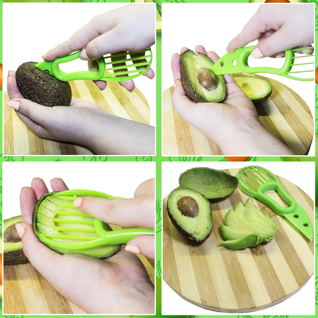 Supvox® 2Pcs Avocado Slicer Cutter Tool, 3 in 1 Avocado Peeler, Green Avocado Cutter and Scooper for Fruits Vegetable - Peel Avocado Slicer Pitter - Plastic Avocado Knife