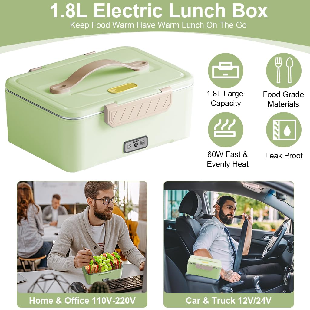 Supvox® Electric Lunch Box Heating Lunch Box for Car/Home Use Insulation Lunch Box Food Heater with 1.8L Stainless Steel Bowl Portable Lunch Box with Lid & Snap Lock, for Home/Office/School/Travel