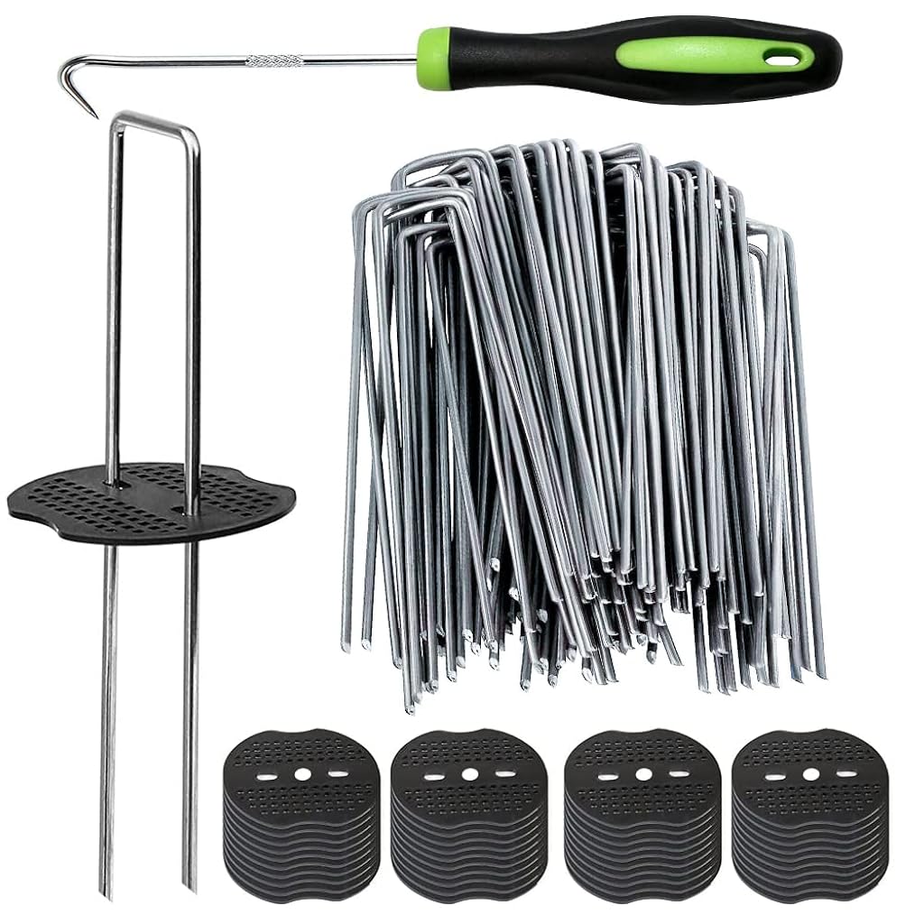HASTHIP® 50Pcs Metal U Pins Multi Use Landscape Fabric Pins with 50Pcs Pin Holders  & Pin Puller 7.87 inches Landscape Staples for Landscaping Artificial Grass, Weed Barrier, Camping