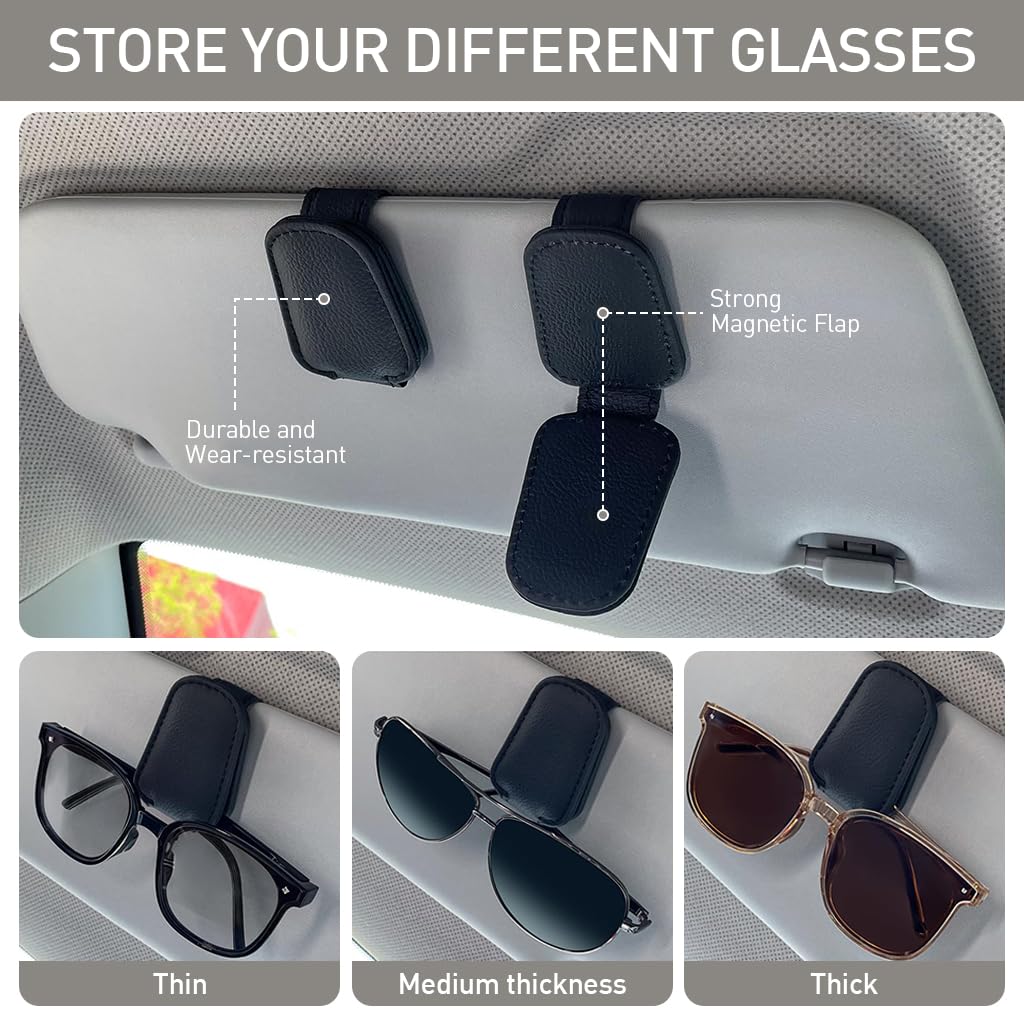 STHIRA Car Sunglasses Holder for Sun Visor with Magnetic Closure in Black PU Leather