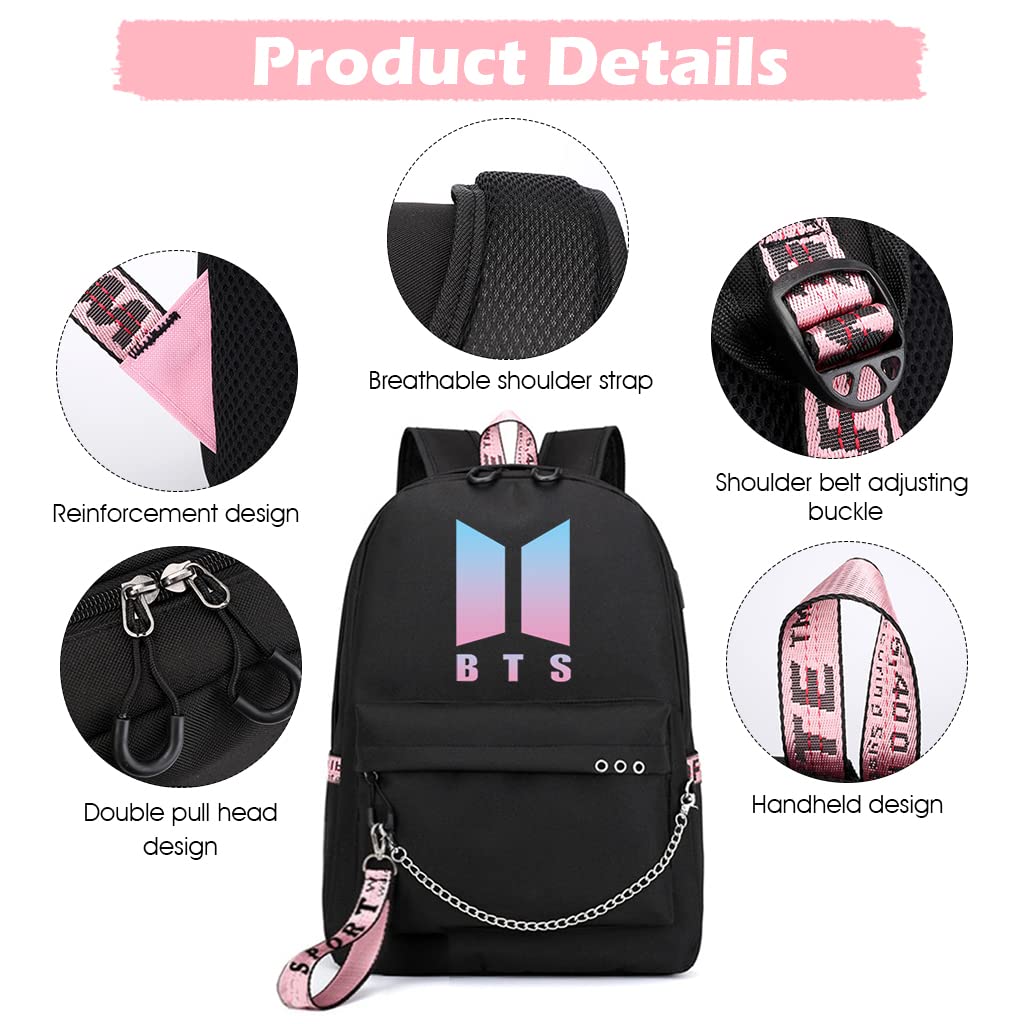 SANNIDHI  Kpop BTS Bangtan Boys Casual Backpack Daypack Laptop Bag School Bag Bookbag Shoulder Bag with USB Charging Port(Black 3)